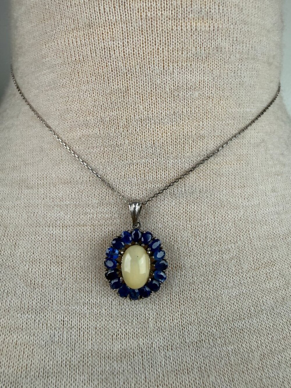 Sterling Silver Opal w/ Blue Sapphire Sterling Silver Pendant Necklace 15.5"